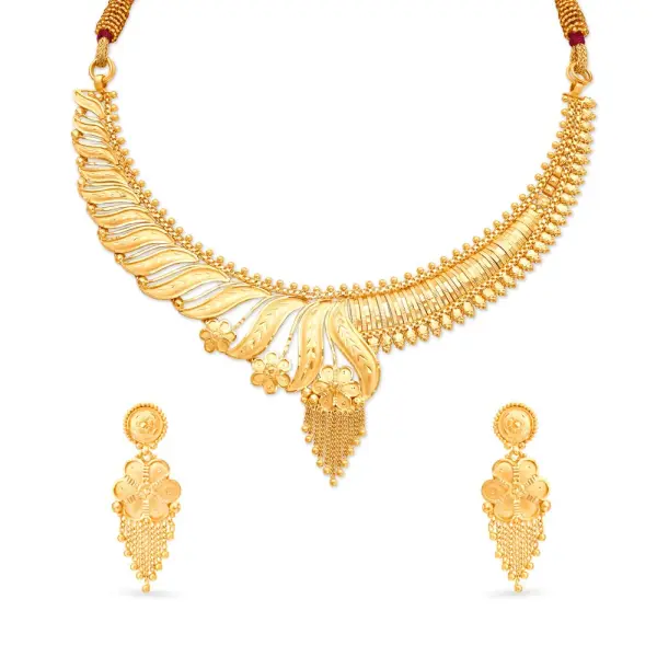 22K Gold Floral Designer Necklace Set with Matching Earrings
